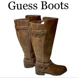 Guess Boots Just Below Knee With Side Buckle Accent & Side Zippers Mottled Brown